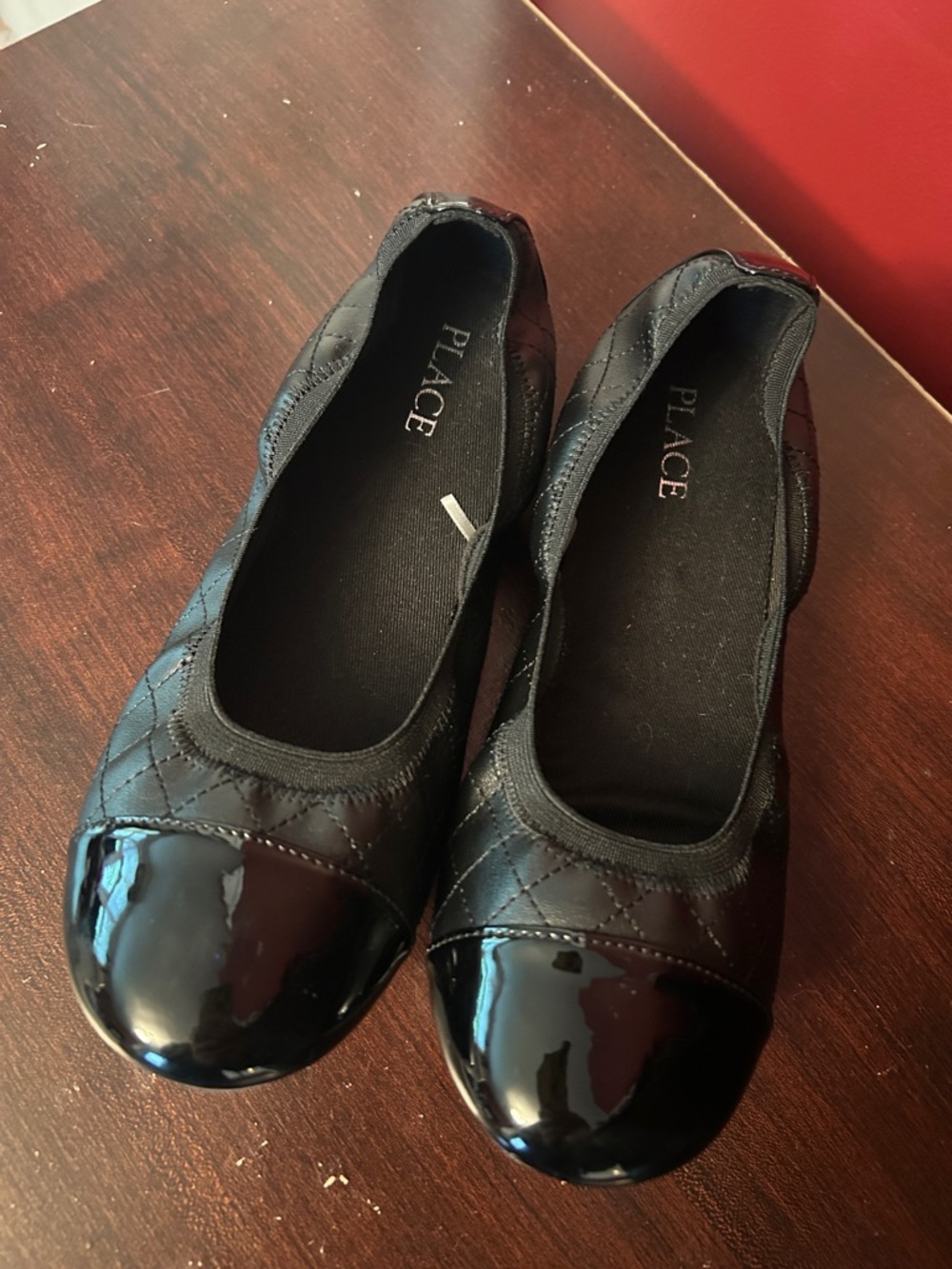 Place Quilted Black Ballet Flats with Patent Cap Toe